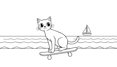 Zwart-wit lijntekening van een schattige kat met grote ogen en snorharen, zittend op een skateboard. Op de achtergrond zijn golven en een zeilboot te zien.