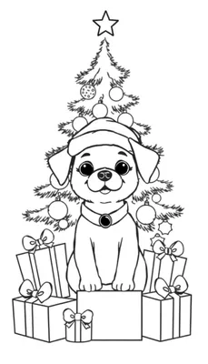 Zwart-wit tekening van een schattige puppy met kerstmuts en grote ogen, voor een kerstboom vol met kerstballen en kerstster, omringd door ingepakte cadeautjes met strikken.