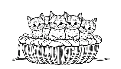 Zwart-witte lijntkening van vijf schattige kittens die dicht bij elkaar zitten in een bol wol, klaar om ingekleurd te worden.