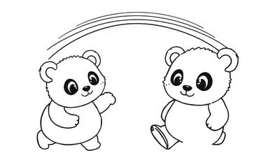 Kleurplaat van twee schattige, lachende panda's die spelen, met een gebogen lijn erboven.