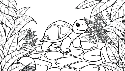 Zwart-wit lijntekening van een schattig schildpadje met een glimlach, staand op een stenen pad omringd door grote tropische bladeren en varens.