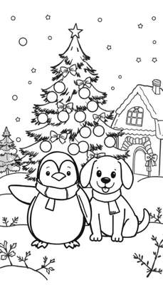 Kleurplaat van een schattige pinguïn en hondje met kerstmutsen, een kerstboom en een huisje in de sneeuw.