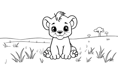 Een lieve leeuwenwelp kleurtint met grote ogen en een glimlach, zittend in een savannelandschap.