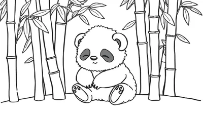 Schattige, pluizige panda met gesloten ogen en een glimlach, zittend in een bamboebos. Zwart-witte lijntekening.