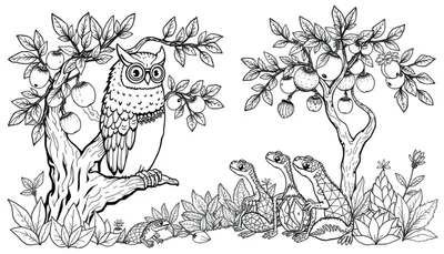 Zwart-wit lijntekening van een boslandschap met een uil met bril op een appelboom en geometrische hagedissen op de grond.