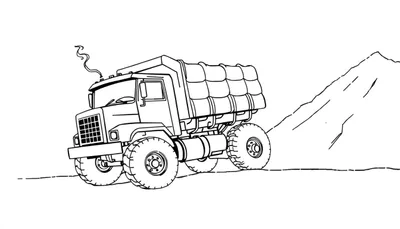 Zwart-wit tekening van een grote, zware vrachtwagen op een onverharde ondergrond met een heuvel op de achtergrond.