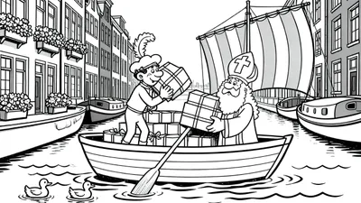 Kleurplaat van Sinterklaas en Piet in een roeiboot vol cadeautjes op een Nederlandse gracht, omringd door grachtenpanden, een zeilschip en eendjes.