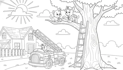 Kleurplaat van Paw Patrol pup Marshall in zijn brandweerwagen, onderweg om een katje en een andere pup uit een hoge boom te redden. Een huis staat links, zon en wolken boven.