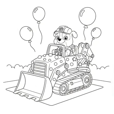 Zwart-wit kleurplaat van Rubble de puppy in een bulldozer, met bouwhelm en uniform, lachend achter het stuur. Vier ballonnen zweven erboven en de ondergrond bestaat uit golvende lijnen.