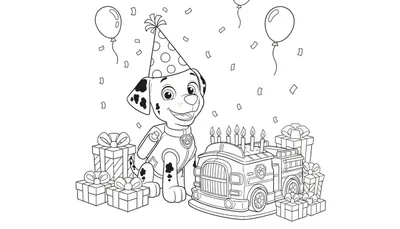 Zwart-wit kleurplaat van Marshall uit Paw Patrol met feesthoed, lachend bij een brandweerauto verjaardagstaart met 7 kaarsjes, omringd door cadeautjes, ballonnen en confetti.