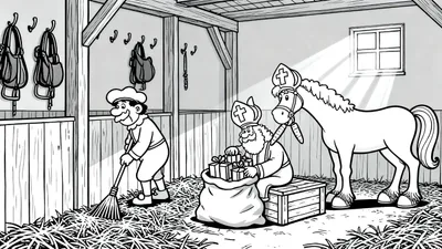 Sinterklaas kleurplaat: Vrolijke cartoon stalscène met man die stro veegt, Sinterklaas met cadeaus op een kistje, en paard Amerigo met mijter en wortel.