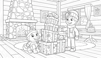 Kleurplaat van een jongen en Everest de pup in een gezellige blokhut bij een open haard, omringd door cadeaus, een verjaardagstaart met '15' en een besneeuwd landschap buiten. De jongen draagt winterkleding en de pup een muts.