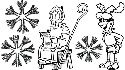 Zwart-wit kleurplaat met zittende Sinterklaas met mijter, staf en lijst, naast een vrolijke Zwarte Piet met gevederde muts en pofbroek, omringd door drie sneeuwvlokken.