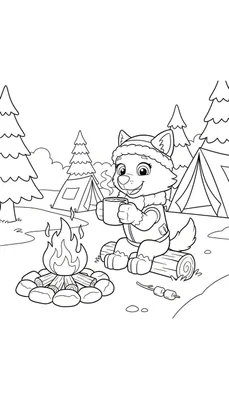 Kleurplaat van een lachende antropomorfe wolf/hond (Everest-stijl) met wintermuts en vest, zittend op een boomstam bij een kampvuur en drinkend uit een mok. Er liggen marshmallows klaar. Op de achtergrond dennenbomen en twee tenten.