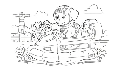 Zwart-wit kleurplaat van een hond, lijkend op Zuma van Paw Patrol, zittend in een hovercraft en een grijper vasthoudend. Naast hem staat een kat. De hovercraft vaart op water met golven, en op de achtergrond zijn een vuurtoren en een steiger te zien onder wolken.