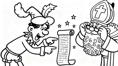 Kleurplaat: Sinterklaas en Zwarte Piet bekijken samen een opgerolde cadeaulijst met namen en cadeaus, omringd door sterren.
