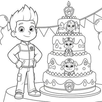 Een zwart-wit Paw Patrol kleurplaat toont Ryder, links, glimlachend met handen in zijn zij. Rechts staat een vierlaagse taart met bovenop een brandende kaars en een pootafdruk schild. Skye zit op de bovenste taartlaag, Chase op de tweede en Marshall op de derde. De taart is versierd met botjes, stip