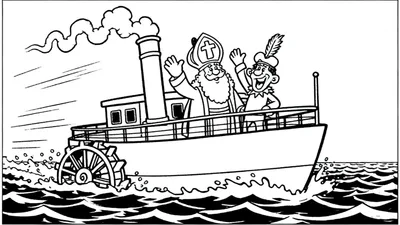 Kleurplaat van Sinterklaas en Zwarte Piet zwaaiend op een stoomboot met rokende schoorsteen en opspattend raderwerk op woelige golven.