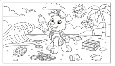 Zwart-wit kleurplaat van Rocky (Paw Patrol) op een vervuild strand, met een plastic fles en recyclesymbool, terwijl hij lacht. De achtergrond toont de zee, golven, meeuwen, palmbomen en een lachende zon. Het strand is bezaaid met zwerfafval zoals autobanden, blikjes en kratten, wat het belang van af