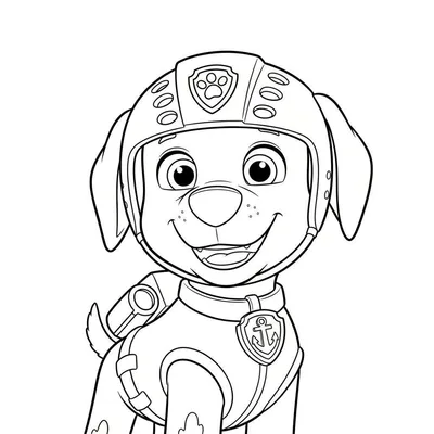 Zwart-wit lijntekening van Zuma van Paw Patrol, een lachende cartoonhond met helm, pootafdruk embleem en ankerpenning aan zijn halsband.