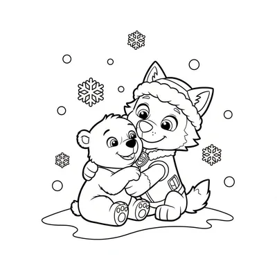 Kleurplaat van een berenwelpje en een husky-hondje (Everest) die elkaar knuffelen in de sneeuw, omringd door sneeuwvlokken. De hond draagt een wintermuts en uniform.