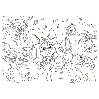 Kleurplaat van Tracker (hond, Paw Patrol-stijl) in de jungle met andere vrolijke dieren zoals apen, een toekan, giraf en kameleon, omringd door palmbomen en een waterval.