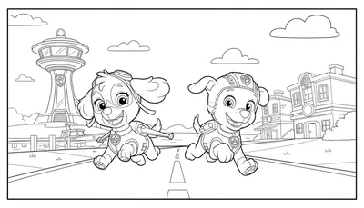 Zwart-wit lijntekening van Paw Patrol's Skye en Marshall. Skye, in roze pilotenoutfit, lacht en rent links, terwijl Marshall, in rood brandweeruniform, rechts vrolijk rent. Tussen hen in is een weg met stippellijnen. De achtergrond toont de Paw Patrol uitkijktoren, water, een boot, steiger en divers