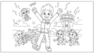 Zwart-wit Paw Patrol kleurplaat van een feestelijke viering met Ryder, Skye, Marshall, Chase en Rocky. Ryder staat triomfantelijk, Skye zweeft, pups rennen voor de Paw Patrol uitkijktoren, omringd door slingers en confetti.