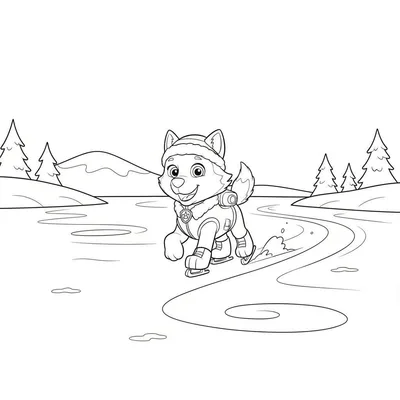 Zwart-wit kleurplaat van Everest, de vrolijke husky, die schaatst in een winterlandschap met besneeuwde heuvels en naaldbomen.