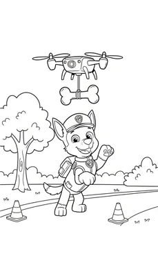 Kleurplaat van Paw Patrol's Chase, lachend in politie-uniform, met een botdragende drone boven hem. Verkeerskegels en een boom vormen de achtergrond in een speelse buitenomgeving.
