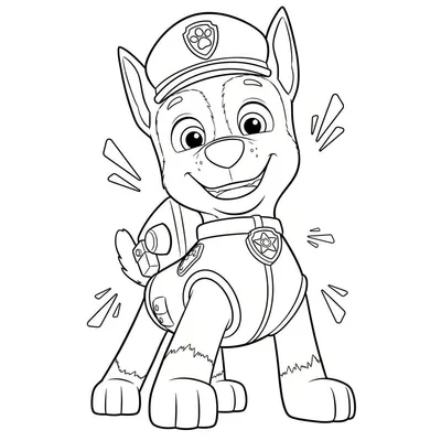 Zwart-wit lijntekening van Chase van Paw Patrol, vrolijk lachend met politiepet en uniform, omgeven door energieke lijnen. Klaar om in te kleuren.