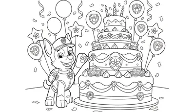 Zwart-wit lijntekening van Paw Patrol's Chase in politie-uniform, breed lachend en zwaaiend, naast een vierlaagse verjaardagstaart met brandende kaarsjes, glazuur, mini-auto's en Paw Patrol-logo's. Feestelijke ballonnen en confetti vliegen rond.