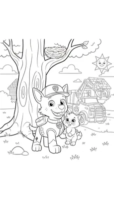 Zwart-wit kleurplaat van Rocky van Paw Patrol in recycle-uniform met een katje, staand voor een recyclingwagen, boom met vogelnestje en huisje, onder een lachende zon.