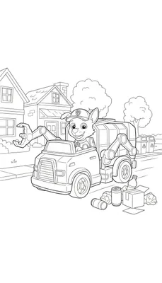Kleurplaat van Paw Patrol's Rocky in zijn groene recyclingtruck met grijperarm, bezig met het opruimen van afval (blikjes, fles, doos) naast recyclingbakken in een woonwijk met huizen en bomen op de achtergrond.
