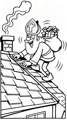 Kleurplaat van Sinterklaas die lachend over een dak kruipt met een zak vol cadeautjes op zijn schouder, naast een rokende schoorsteen. Traditioneel Sinterklaasbeeld.