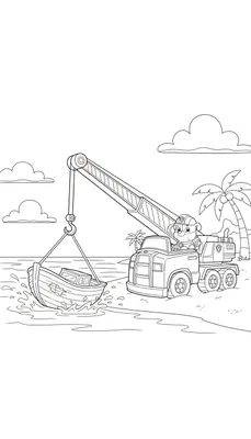 Lijntekening van Rubble (Paw Patrol) in een kraanwagen op het strand, die een houten bootje uit het water hijst. De kraanarm is uitgestrekt en waterspatten omringen het bootje. Palmboompjes en wolken zijn op de achtergrond zichtbaar.