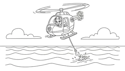 Skye (Paw Patrol) puppy in helikopter met piloothelm, redt een speelgoedeendje uit golvend water met een takel. Wolken aan de hemel.