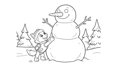 Kleurplaat van een vrolijke sneeuwpop en een lachende pup met muts, omringd door besneeuwde kerstbomen in een winterlandschap.