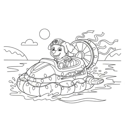 Kleurplaat van Marshall van Paw Patrol in een versierde boot op het water, met een lachende Marshall, helm, lichtjes, schoepenrad, golven en bergen op de achtergrond onder een zon.