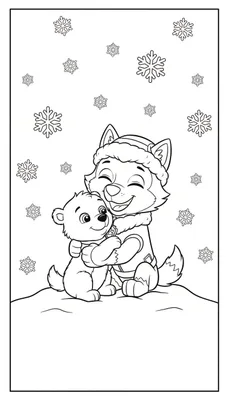 Zwart-wit lijntekening: Een grote husky-achtige hond (Everest) met wintermuts en een kleiner dier (berenwelpje/hondje) knuffelen lachend in de sneeuw, omringd door sneeuwvlokken.