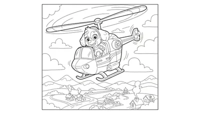 Vrolijke Skye-achtige hond met pilotenbril in helikopter boven idyllisch landschap met bergen, huizen, bomen en een kerk.