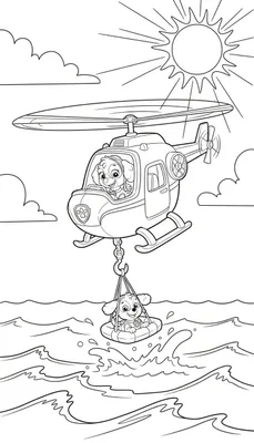 Kleurplaat van Paw Patrol Skye in haar roze helikopter die een ander hondje, waarschijnlijk Rocky, redt uit een woelige zee met golven en waterspatten, onder een stralende zon.