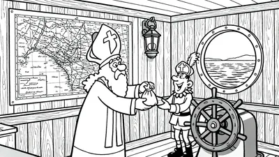 Zwart-wit kleurplaat van Sinterklaas die een zak met cadeautjes overhandigt aan Zwarte Piet in de kajuit van de pakjesboot, met een landkaart, patrijspoort en stuurwiel.