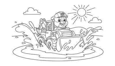 Zwart-witte kleurplaat van Rubble van Paw Patrol in een graafmachine die door water rijdt, met waterspatten en een zon op de achtergrond.