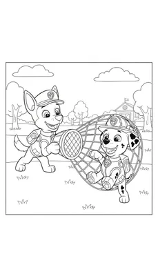 Zwart-wit kleurplaat van Paw Patrol. Politiepup Chase lacht en houdt een net vast waarin brandweerpup Marshall vrolijk zit, buiten in het gras met bomen en een gebouw op de achtergrond.