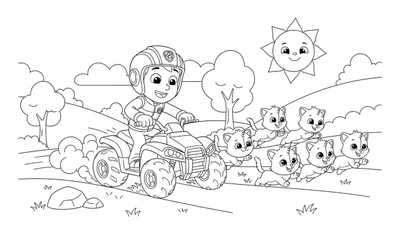 Zwart-wit kleurplaat: Ryder op quad, omringd door zeven lachende katjes, rijdend op een onverhard pad in heuvelachtig landschap met lachende zon en wolken.