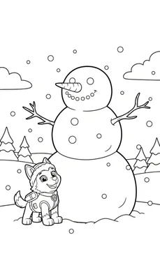 Kleurplaat van Paw Patrol's Everest hondje met een warme muts naast een vrolijke sneeuwpop in een besneeuwd winterlandschap met dennenbomen en sneeuwvlokken.