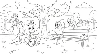 Kleurplaat van Rocky van Paw Patrol die vrolijk rent in een herfstpark, omringd door spelende eekhoorns, lachende kinderen en grote bomen. Herfstbladeren en een eikel liggen op de grond.