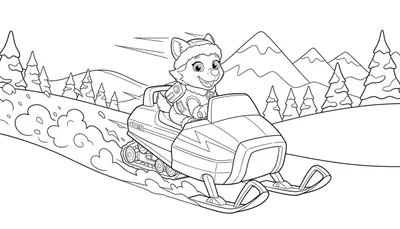 Zwart-wit kleurplaat van Everest, het hondje van Paw Patrol, lachend op een sneeuwscooter die door de sneeuw rijdt in een dynamisch winterlandschap met bergen en dennenbomen.
