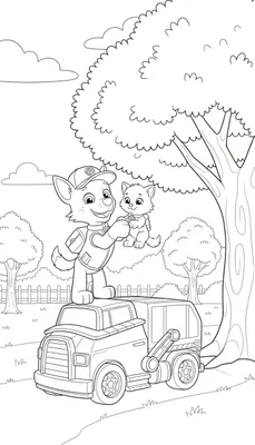 Zwart-wit Paw Patrol kleurplaat van Rocky, de grijze hond, die een glimlachend katje vasthoudt op de cabine van zijn recyclingvrachtwagen, met een landschap van bomen, een houten hek en wolken op de achtergrond.